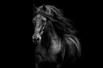 Monochrome Horse Head Wallpaper, Sculptural Muscle Definition on Black Background for Luxury Auto Branding, Male Fashion Ads or Metaverse Avatar Design