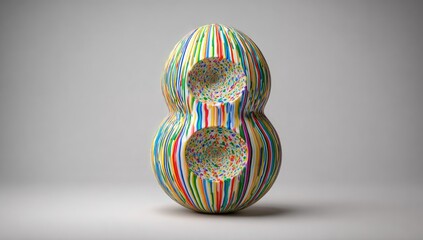 Colorful 3D number eight, vibrant stripes and dots