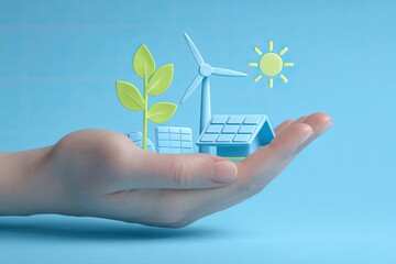 Hand holds miniature sustainable energy icons