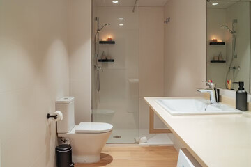 Modern bathroom interior in minimal scandinavian style, 3d render