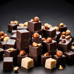 chocolate cubes with hazelnuts isolated  