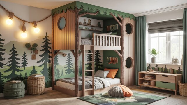 A whimsical treehouse bunk bed with dinosaur murals adorns a cozy child's bedroom, bathed in warm, inviting ambient light.
