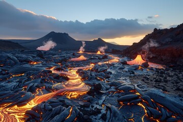 Naklejka premium Lava flowing between rocks at sunset