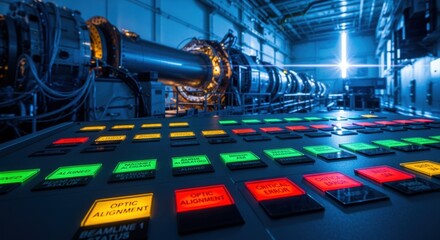Glowing status indicators on control panels reflect precise beamline alignment conditions in a highenergy Xray laser hall.