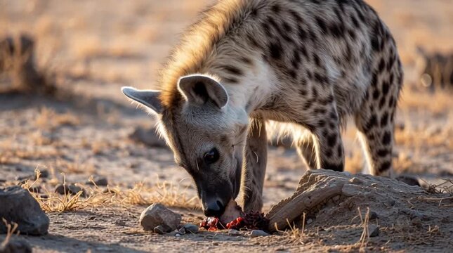 A hyena scavenging in the wild, showcasing its unique features and habitat.