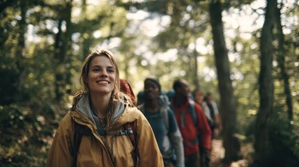 Obraz premium Group of hikers walking in the forest enjoying the beautiful nature and fresh air, a young woman smiling leading the group during a hike in the woods