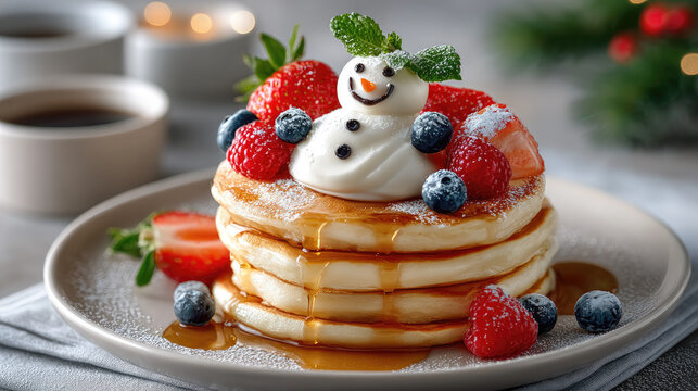 Stack of fluffy pancakes topped with whipped cream, a snowman decoration, strawberries, and blueberries. Served with syrup and coffee on a festive table.