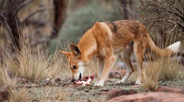 A wild dingo scavenging in a natural habitat, showcasing nature's raw beauty.