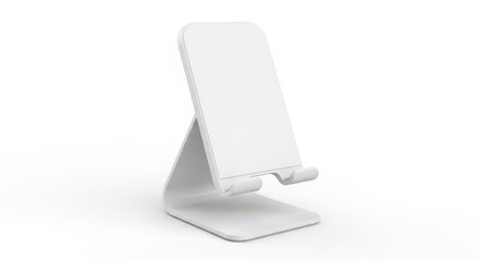 Modern White Cell Phone Stand on White Background for Displaying Mobile Devices in a Sleek and Minimalist Style Perfect for Product Photography and Mockups