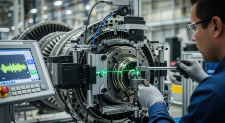 Snapshot of precision calibration tools being used by a technician during the critical balancing stage of turbine engine assembly in aerospace manufacturing.