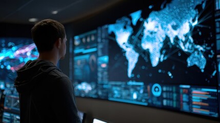 It specialist analyzing global data and network activity displayed on multiple computer screens within a dimly lit server room, highlighting the intersection of technology and cybersecurity