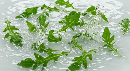 Fresh arugula leaves floating in water with splashing droplets, dynamic healthy vegetable washing for gourmet salad preparation