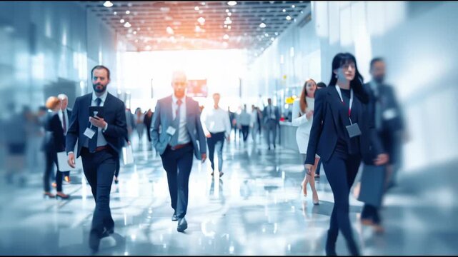 Business professionals navigating modern convention center hallway, wearing tailored suits and networking name badges, embodying corporate collaboration and industry connections