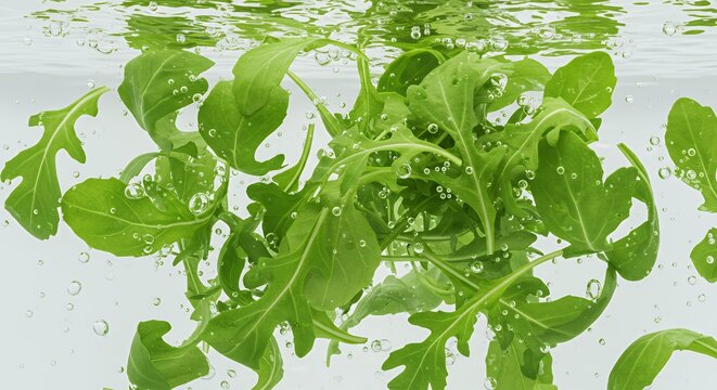 Fresh arugula and mixed green leaves submerged in water with bubbles, healthy salad greens washing and preparation - Powered by Adobe