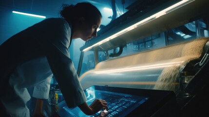 A side profile of a technician leaning over a digital interface adjusting settings on the AI system as freshly processed fibers flow through the grading loop in the background.