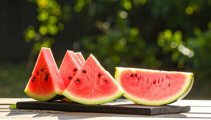 Watermelon wedges on a picnic table in sunlight
