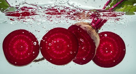 Whole beetroot with green leaves and sliced cross-sections underwater with bubbles and water splash on aqua background