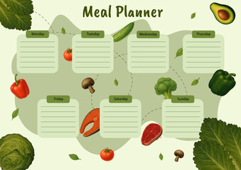 Meal planner template with vegetables and food illustrations on green background, weekly organizer