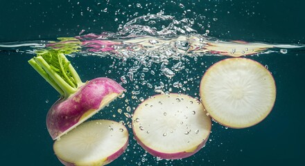 Purple and cream turnip slices underwater with green leaves and water splash, fresh organic root vegetable food concept