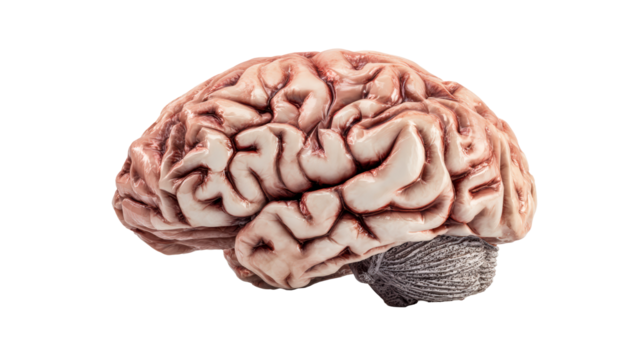 Detailed view of a human brain with cerebellum visible on a white background, cut out transparent - Powered by Adobe