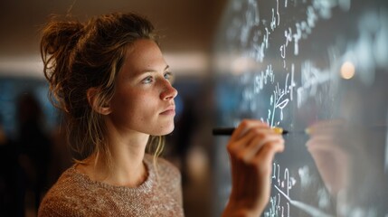 Young scientist working on innovative research, developing new ideas and solving complex mathematical equations on a transparent whiteboard in a modern laboratory