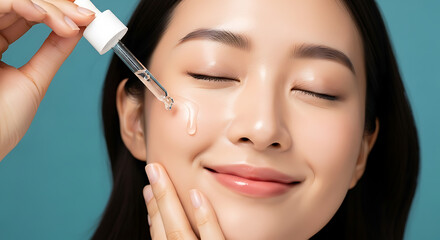  A smiling Asian woman applying a hydrating face serum with a glass dropper for a glowing skin beauty treatment.