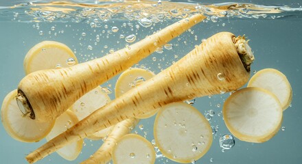 Pale yellow parsnips submerged in water with floating bubbles, fresh root vegetables underwater photography for organic food marketing materials