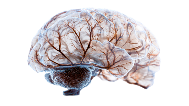 Close-up View of Translucent Brain Structure with Intricate Vascular Network and Glowing Particles, cut out transparent