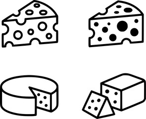 Set of four simple cheese icons in black line art style. Collection of dairy food symbols including wedge, wheel, and block illustrations.