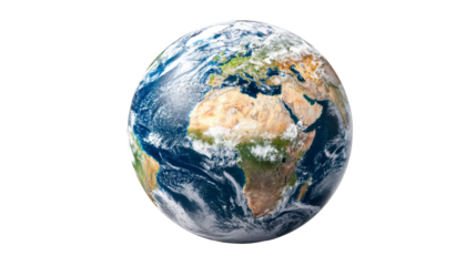 Planet Earth seen from space with continents and swirling clouds, cut out transparent