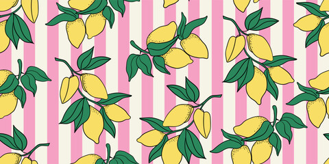 Seamless pattern with lemon branches and leaves. Vector flat tropical wallpaper with striped background
