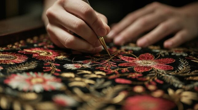 Close-up of a person meticulously embroidering floral patterns on dark fabric.