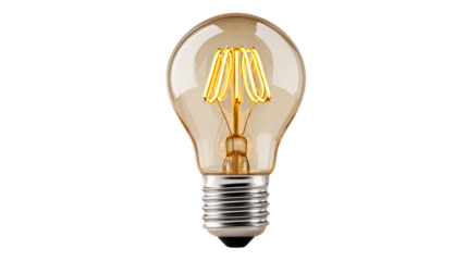 Illuminated Edison filament light bulb with amber glass and metallic base, cut out transparent