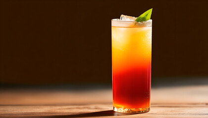 Tall glass of layered Arnold Palmer with refreshing vibe against a rustic wooden background with copy space