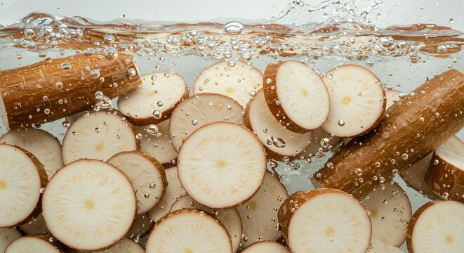 Brown burdock root gobo slices floating underwater with bubbles and water splash, Japanese Asian medicinal vegetable ingredient photography