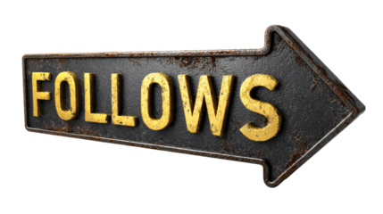 Rustic Rusty Iron Arrow Sign With Gold "Follows" Text, cut out transparent