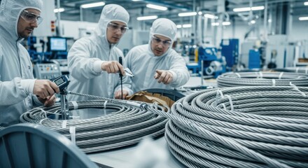 Engineers inspecting tightly wound superconducting cables before cryogenic testing in a modern cable manufacturing environment.