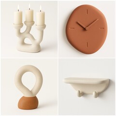 Curated set of four modern sculptural home decor pieces: cream stone triple candle holder, terracotta wall clock, abstract loop sculpture, and minimalist cream wall shelf with hooks. 