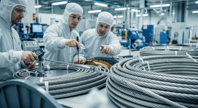Engineers inspecting tightly wound superconducting cables before cryogenic testing in a modern cable manufacturing environment.