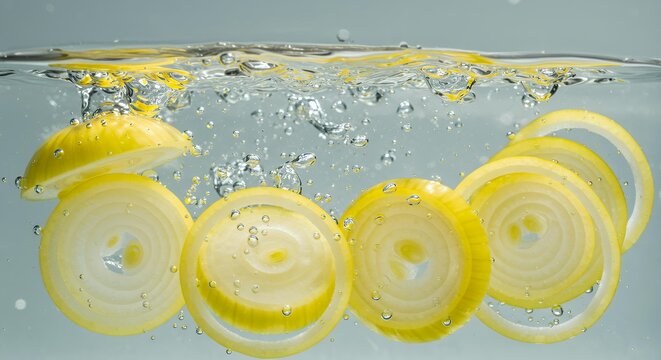 Sliced lemon rounds floating underwater with bubbles and water distortion creating fresh citrus beverage concept for health drinks and culinary photography backgrounds