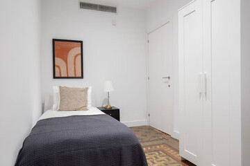 Modern luxury bedroom interior in minimal scandinavian style, 3d render