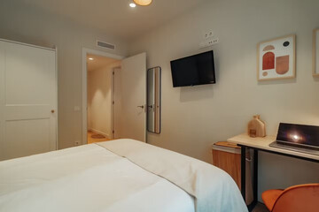 Modern luxury bedroom interior in minimal scandinavian style, 3d render
