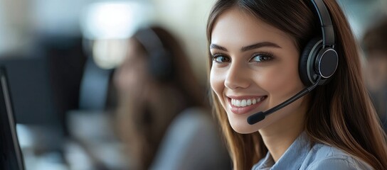 Smiling female call center agent with modern headset in office, perfect for customer service concepts, corporate communication visuals, and professional client support themes