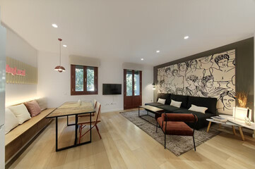 Modern luxury apartment interior in minimal scandinavian style, 3d rendering