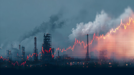 Industrial Factory with Red Financial Chart Overlay