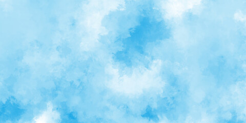 Blue pastel sky with white fluffy cloud cumulus clouds background, colorful bright ink blue and white watercolor texture, hand painted abstract soft sky blue watercolor sky and clouds.