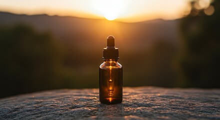 Amber bottle with dropper on textured surface against blurred sunset landscape creating a warm glow effect
