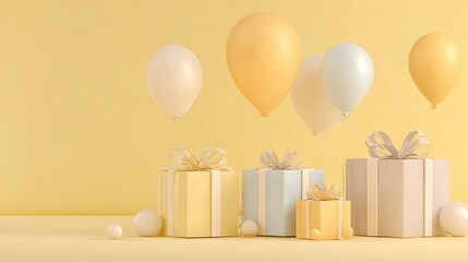 Pastel gift boxes and balloons on soft yellow background