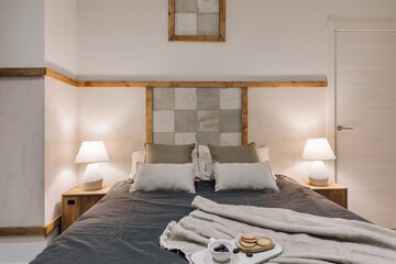 Modern luxury bedroom interior in minimal scandinavian style, 3d render
