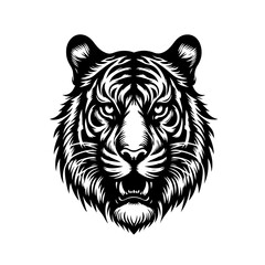 Majestic Tiger Head Silhouette Striking Black and White Animal Graphic Design Perfect for Logos or Tattoos
